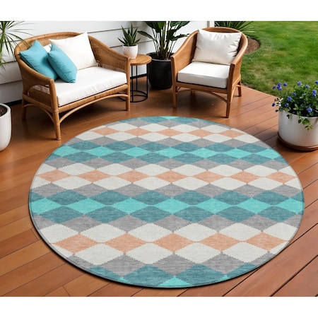 Homeroots 8' Teal Blue Gray And Copper Round Geometric Washable Indoor Outdoor Area Rug 597928