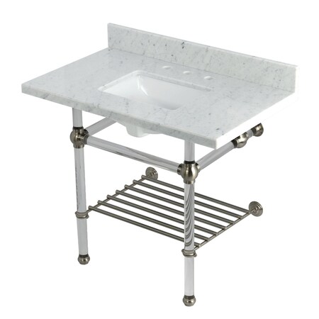 Kingston Brass 36-Inch Carrara Marble Console Sink with Acrylic Legs and Shelf, 8-Inch, 3-Hole KVPB3630MASQB8