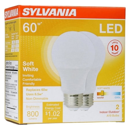 Sylvania LED Bulb, General Purpose, A19 Lamp, 60 W Equivalent, E26 Lamp Base, Frosted, Warm White Light 73886