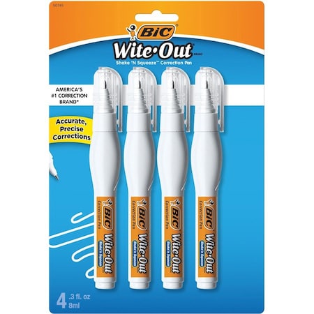 Bic Wite-Out Shake n Squeeze Correction Pen  8 ml  White, 4PK WOSQPP418