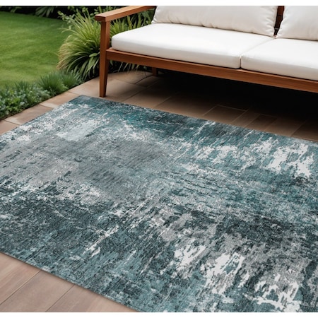 Homeroots 10' X 14' Teal Blue Gray And Charcoal Abstract Washable Indoor Outdoor Area Rug 582931