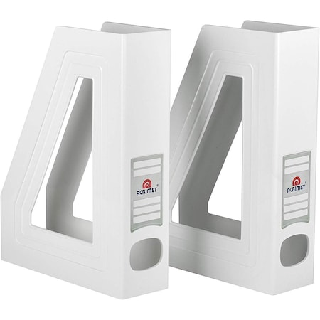 Acrimet Magazine File Holder Vertical Rack, Durable Plastic Desk Organizer, White, 2PK 277.7
