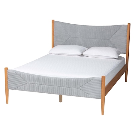 Baxton Studio Taylin Mid-Century Grey Corduroy and Oak Brown Wood Queen Bed 257-14148-ZORO