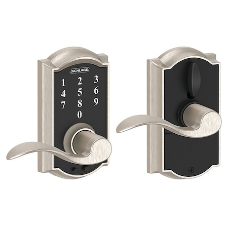 Schlage Camelot Series Keypad Lock, Satin Nickel, 238 x 234 in Backset FE695VCAMXACC619