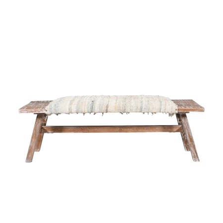 Homeroots 50" White and Brown Cotton Upholstered Striped Bench 548263