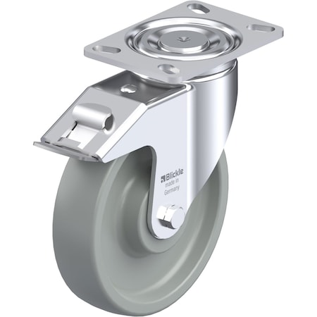 Blickle Swivel Plate Caster, Gray Nylon, 8", Brake, Load Rating: 2000 lb. LH-SPOG 201K-16-FI