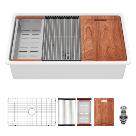 Wrightmaster 33 in. Undermount Single Bowl Ceramic Workstation Kitchen Sink with Bottom Grids, Dish Drainer‌ ZOR-AWUS331910DS