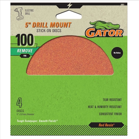 Gator Finishing Red Resin 5 in. Drill Mount Stick-On Sanding Discs, 100 Grit, Fine, 4PK 3001GA