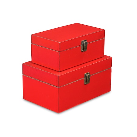 Homeroots Set of Two Red Solid Wood Box With Lid, 2PK 489392