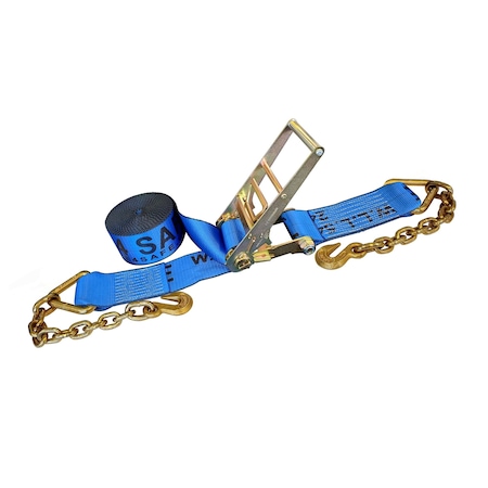 Tie 4 Safe 4'' x 30' Ratchet Strap w/ Chain Extension. WLL: 5,400 LBS Blue RT21R-1530-F87-BU-C-1