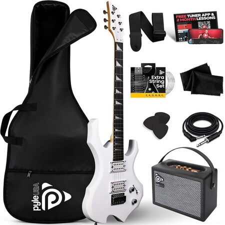 Pyle Heavy Metal EG Fire Electric Guitar Axe w/ Amplifier Kit, Full Size Instrument w/ Practice Amp & PMGTRKT101WT