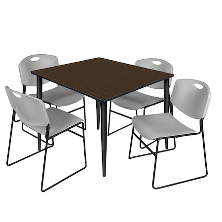 Regency Square Kahlo Breakroom Table W/ 4 Zeng Stack Chairs, 48 in W, 48 in L, Neo Walnut TPL4848NWBK44GY
