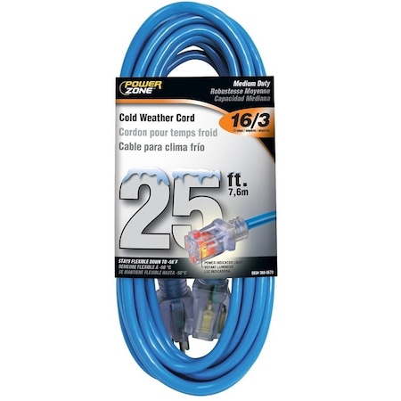 Powerzone Cold Weather Extension Cord, 16 AWG, Outdoor, 5-15R, 5-15P, 25 ft ORCW511625
