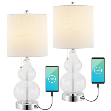 Jonathan Y Cora 22" Classic Vintage Glass LED Table Lamp with USB Charging Port, Clear, 2PK JYL1125C-SET2