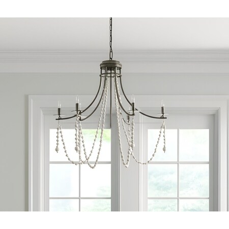 Homeroots White And Silver Candle Style Six Light Metal and Beads Dimmable Chandelier 611354
