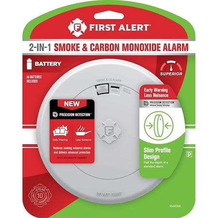 First Alert Smoke and Carbon Monoxide Alarm with Slim Profile Design, 85 dBA, Photoelectric Sensor, White 1046793