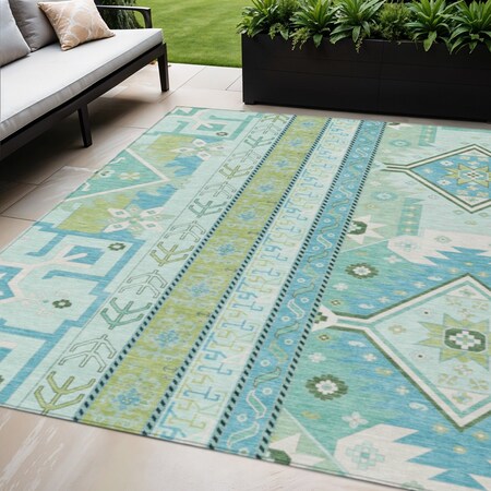 Homeroots 5' X 8' Mint Green Blue And Ivory Aztec Washable Indoor Outdoor Area Rug 598479