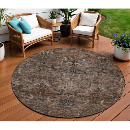 Homeroots 8' Brown Tan And Charcoal Round Damask Washable Indoor Outdoor Area Rug 603313