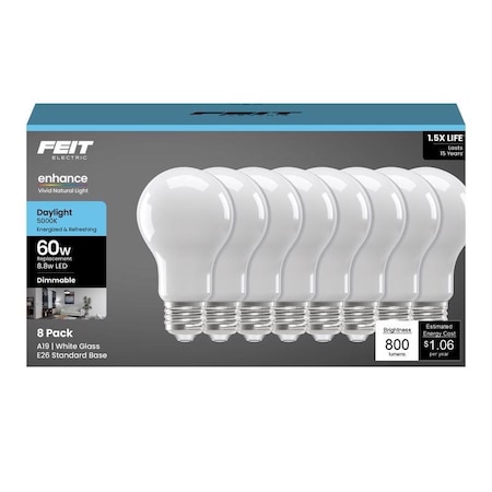Feit Electric Feit A19 E26 Medium LED Bulb Daylight 60 Watt Equivalence, 8PK A1960950FIL8/GB