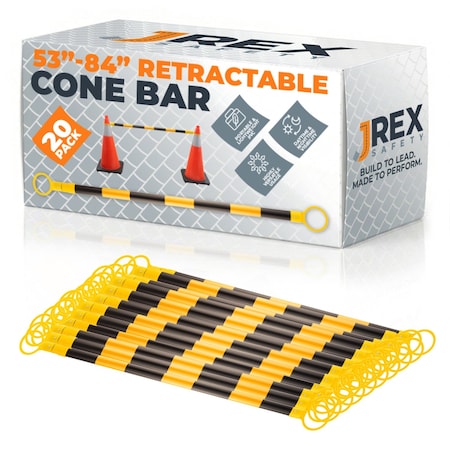 Jrex Safety Retractable Cone Bar Yellow/White, 53 in to 84 in Length, 20PK CBY-JR-53/84-20PK