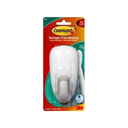 Command Bathroom Hook, Molded Plastic, 2-1/4 In 17600B-ES