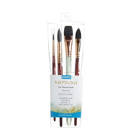 Princeton Neptune Watercolor Brush Set, Synthetic Bristles, Short Handle Watercolor Paintbrush, 4-Piece Set P4750SET300