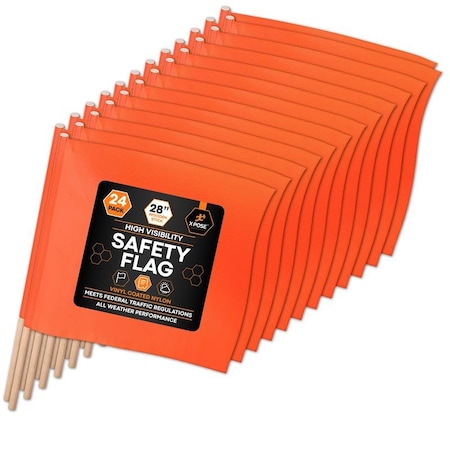 Xpose Safety 18in x 18in Orange Warning/Safety Flag with 28in Wood Staff, 24PK WF28-18-24-X