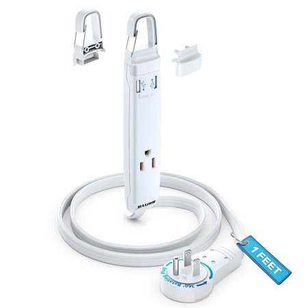 Maximm 1ft 16AWG 360 degrees Flat Plug Extension Cord w/ USB & Removable Hook, UL, White ADW-360-C201-WH
