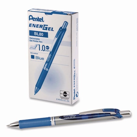 Pentel EnerGel RTX Gel Pen, Retractable, Bold 1 mm, Blue Ink, Blue/Gray Barrel, 12PK BL80-C
