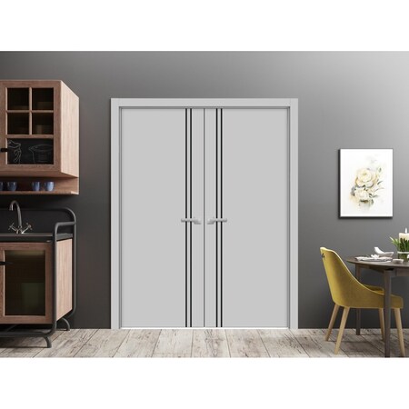 Sartodoors Solid French Double Doors, Planum 0016 Matte Grey and Aluminum Strips, Wood Solid Panel Frame Trims PLANUM0016DD-GRE-6484