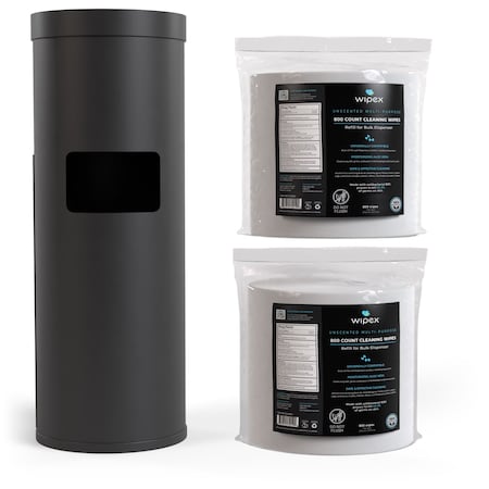 Wipex Plastic-Free Sanitizing Wipes 800ct Bundle, 2 Refill Rolls + Black Floor Dispenser w/ Trash Can WX72213BFD2BZR