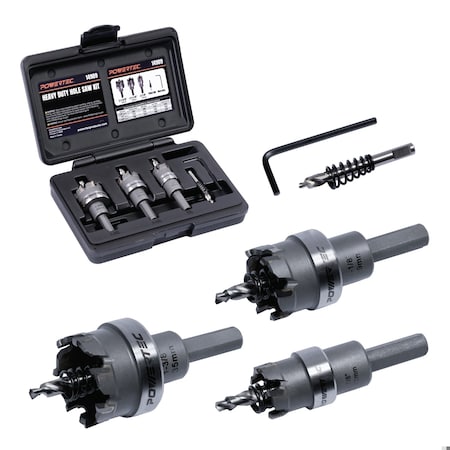 Powertec Heavy-Duty Carbide Hole Saw Kit, Spring-Loaded Pilot Drill Bit, 7/8in, 1-1/8in, 1-3/8in Cutter 14909