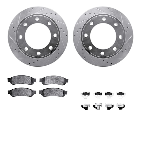 Dynamic Friction Co DFC Brake Rotor - Drilled & Slotted - Silver- Heavy Duty Brake Pad includes Hardware 7412-54085