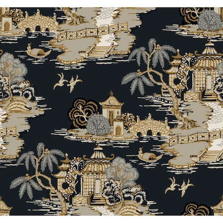 York Wallcoverings Pagoda And Sampan Scenic Black Wallpaper RT7902