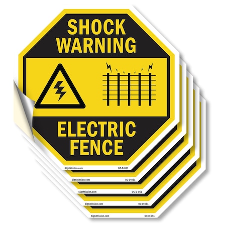 Signmission Shock Warning Electric Fence, 4 inch X 4 inch, Vinyl Decal, 5PK OC-D-5PACK-4-51