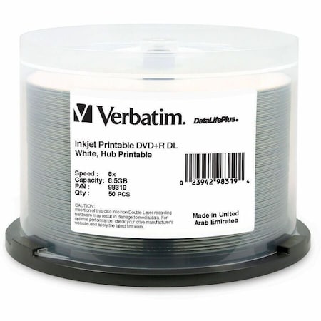 Verbatim DataLifePlus DVD Recordable Media - DVD+R DL - 8x - 8.50 GB - 50 / Pack - White 98319