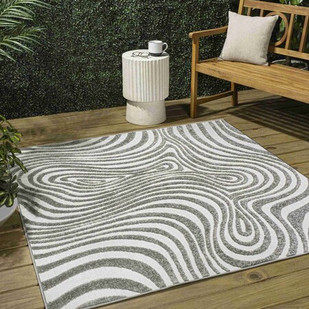 Jonathan Y Maribo High-Low Abstract Groovy Striped Gray/Ivory 6 ft Square Indoor/Outdoor Area Rug SCN103B-6SQ