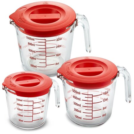 Nutrichef 1, 2 and 4 Cups Glass Measuring Cup Set with Lids (8, 17 and 34 oz) NCGL3MESLID