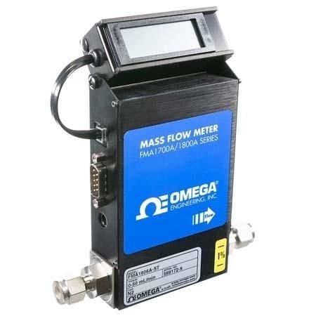 Omega Mass Flow Meter, Economical, Gas, 0.1 SLM to 10 SLM, 1000 psi, 1/4 " Compression, 0 Vdc to 5 Vdc, 4 FMA1820A-ST