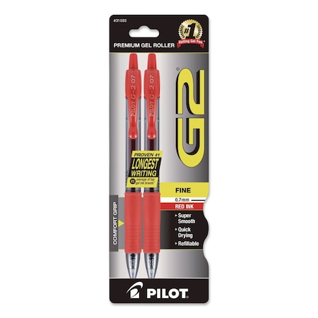 Pilot G2 Premium Gel Pen, Retractable, Fine 0.7 mm, Red Ink, Smoke/Red Barrel, 2PK 31033