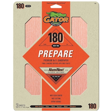 Gator Sanding Sheet, 11 in L, 9 in W, Extra Fine, 180 Grit, Aluminum Oxide Abrasive, Paper Backing 7265