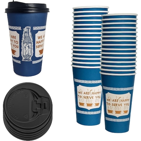 Ecoquality 16oz Insulated Paper Hot Cups With Black Dome Lids New York Greek Design Cups, 500PK EQ16OZANGPCBDL-500