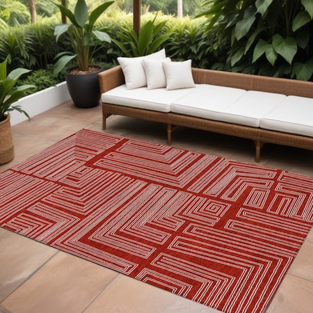 Homeroots 9' X 12' Red And Ivory Geometric Washable Indoor Outdoor Area Rug 600862