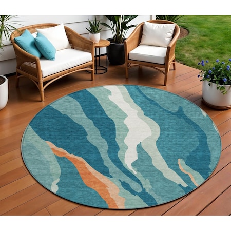 Homeroots 8' Teal Blue Copper And Ivory Round Abstract Washable Indoor Outdoor Area Rug 601010