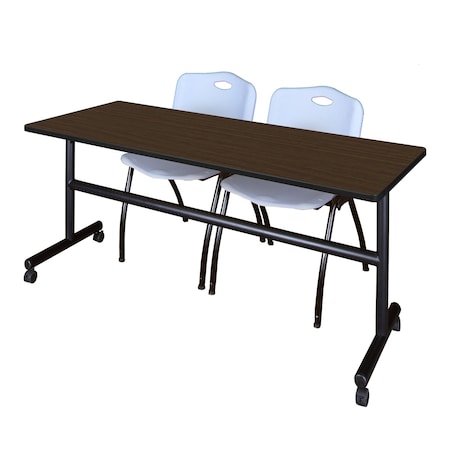 Regency Kobe Flip-Top Training Nesting Table W/ 2 M Stack Chairs, 72 in W, 24 in L, Neo Walnut MKFT7224NW47GY