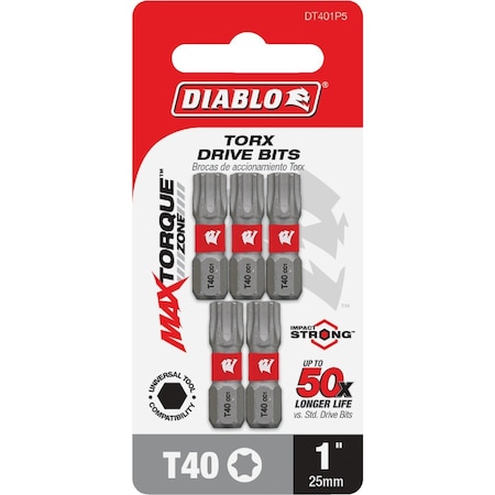Diablo T40 TORX 1'' Insert Impact Screwdriver Bit, 5PK DT401P5