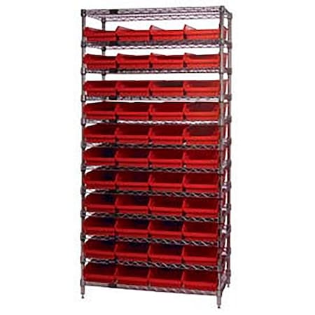Global Industrial Chrome Wire Shelving with 44 4"H Plastic Shelf Bins Red, 36x14x74 268970RD