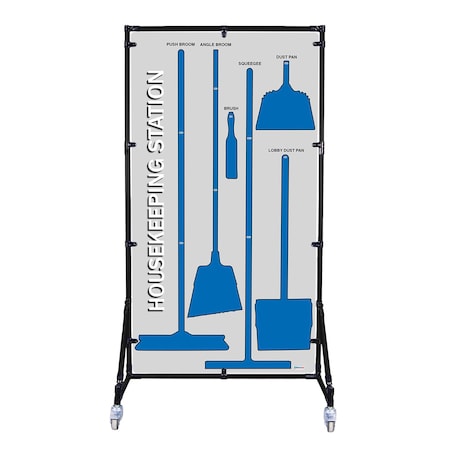 5S Supplies Housekeeping Shadow Board Broom Station V3, Gray / Blue Shadows, Kit + Stand HSB-V3-GRAY/BLUE-KIT-STAND