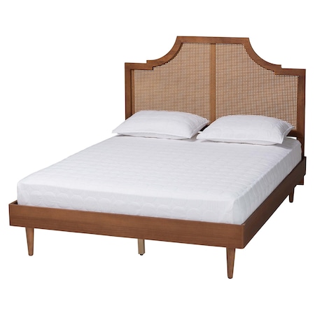 Baxton Studio Macaria Mid-Century Modern Ash Walnut Woven Rattan Queen Size Bed 248-12648-9814-ZORO