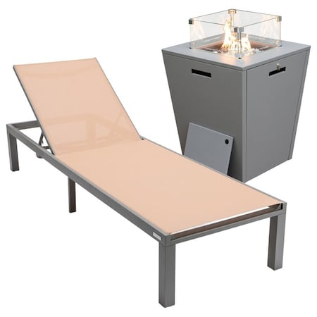 Leisuremod Marlin Grey Aluminum Patio Chaise Lounge Chair with Square Fire Pit Table, Light Brown MLGRCF21-77LBR